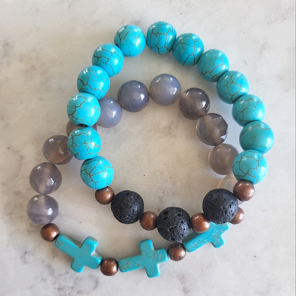 Pair of handmade beaded bracelets, turquoise beads and crosses